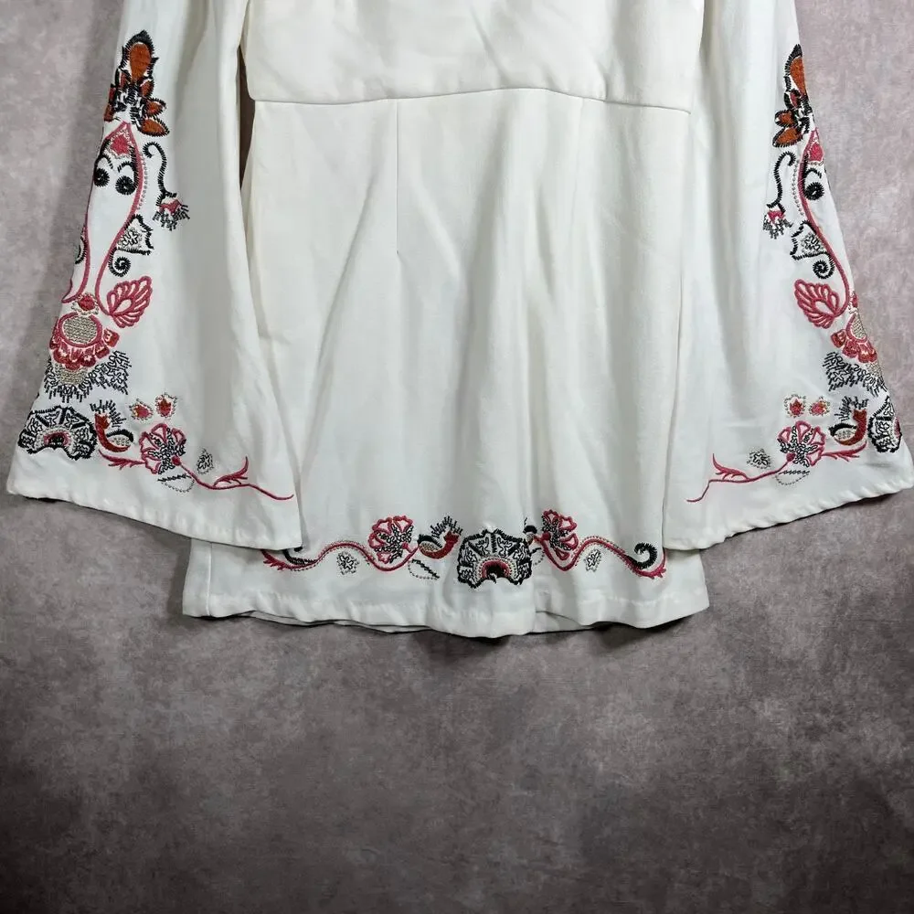 Free People Holiday Folk Mini Dress Womens 4‎ Ivory Embroidered Boho Festival